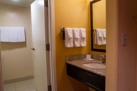 Room, 2 Queen Beds | Bathroom | Hair dryer, towels