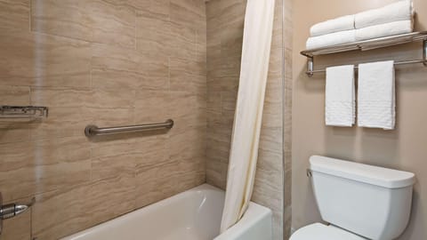 Combined shower/tub, free toiletries, hair dryer, towels