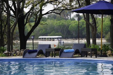 Outdoor pool, pool umbrellas, sun loungers