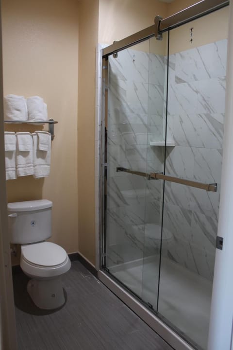 Combined shower/tub, free toiletries, towels