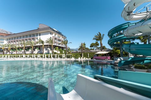 Indoor pool, outdoor pool, pool umbrellas, sun loungers