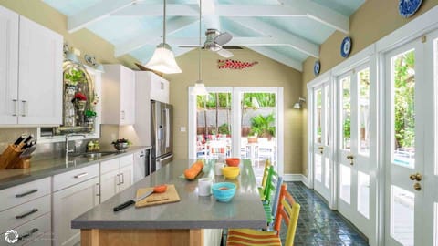 There's additional seating for three at the kitchen bar...