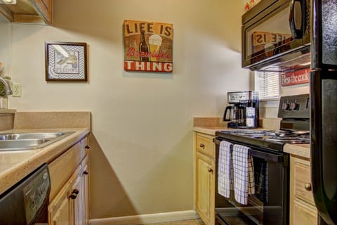 The full kitchen comes stocked with all the pots, pans, plates, bowls, and utensils that you should need.