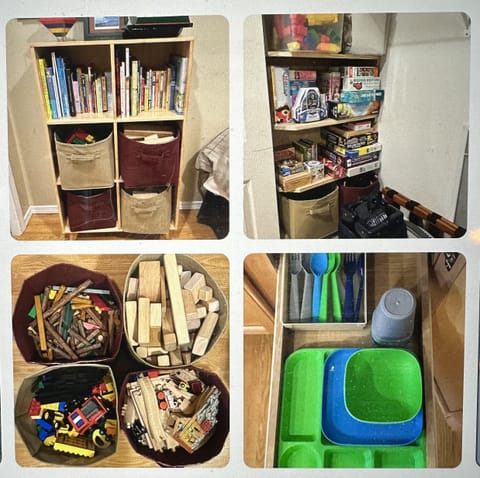 Prepared for the littles: books, toys, blocks, puzzles, games, booster seat.