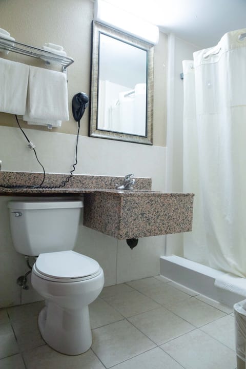 Combined shower/tub, free toiletries, hair dryer, towels