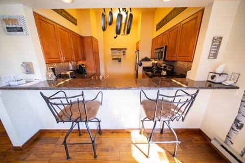 Large kitchen with countertop seating
