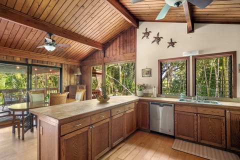 Kitchen is open and has lots of counter space