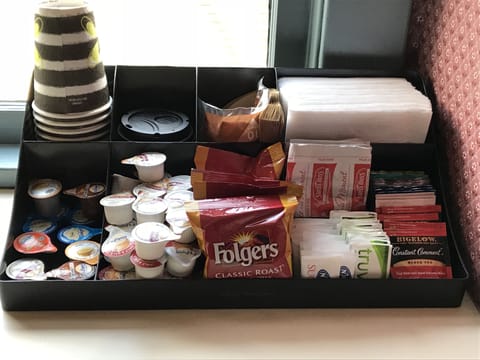 Coffee, Tea, Hot Chocolate, creamer, and sugar provided.