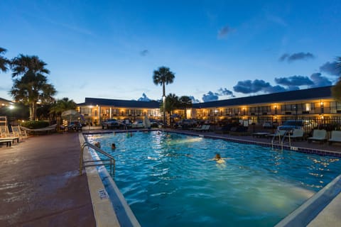 Outdoor pool, a heated pool, sun loungers