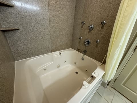 Combined shower/tub, jetted tub, free toiletries, hair dryer