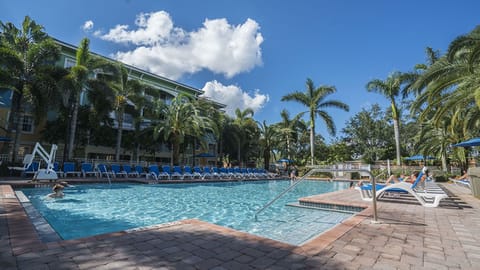 Outdoor pool, pool umbrellas, sun loungers