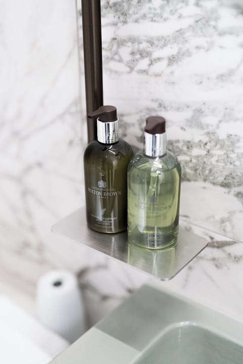 Deluxe Suite | Bathroom | Shower, hydromassage showerhead, designer toiletries, hair dryer