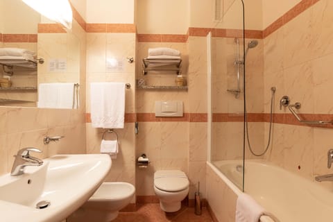 Combined shower/tub, hair dryer, bidet, towels