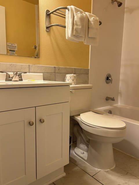 Combined shower/tub, free toiletries, hair dryer, towels