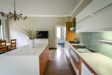 Modern kitchen, including dish washer, large American style fridge, smart TV.