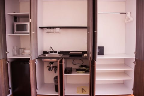 Fridge, microwave, stovetop, coffee/tea maker