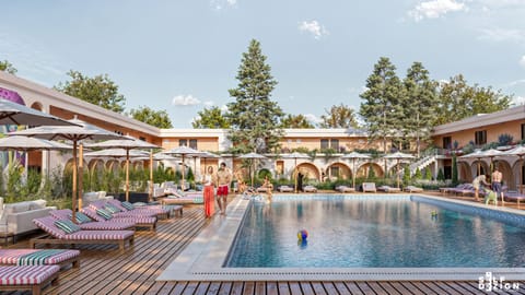 Outdoor pool, a waterfall pool