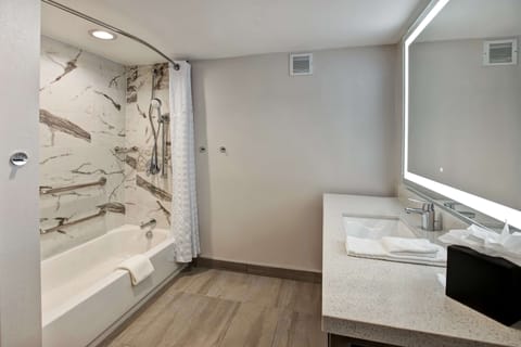 Combined shower/tub, hair dryer, towels