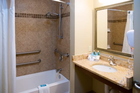 Combined shower/tub, free toiletries, hair dryer, towels