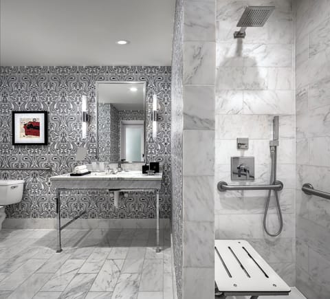 Room, 1 King Bed (Mobility Accessible, Roll-In Shower) | Bathroom | Rainfall showerhead, designer toiletries, hair dryer, bathrobes