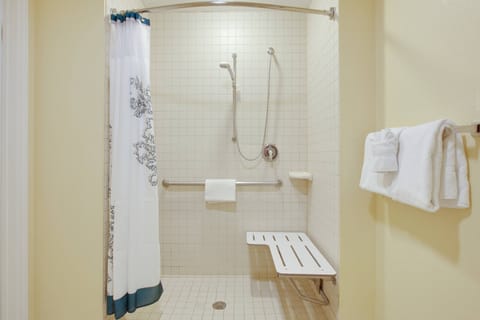 Shower, designer toiletries, hair dryer, towels