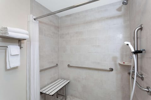 Combined shower/tub, free toiletries, hair dryer, towels