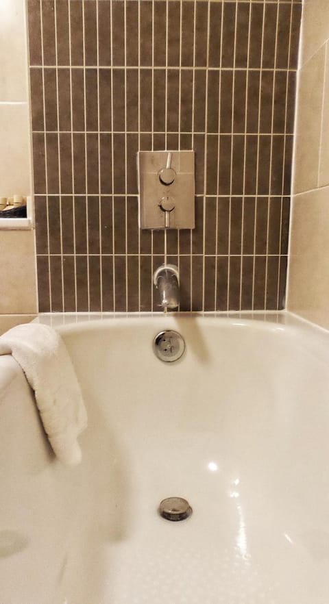 Combined shower/tub, free toiletries, hair dryer, towels