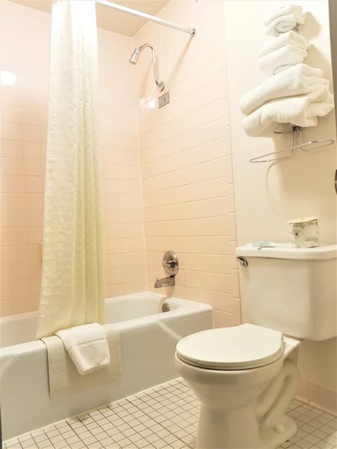 Combined shower/tub, free toiletries, towels