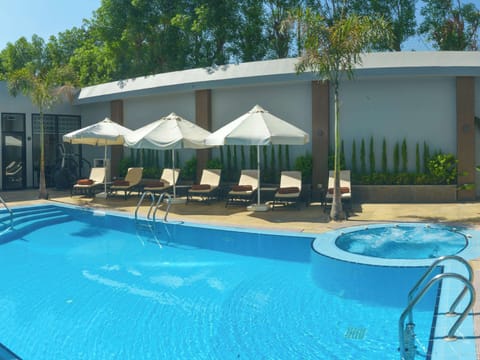 Outdoor pool, open 9 AM to 6 PM, sun loungers