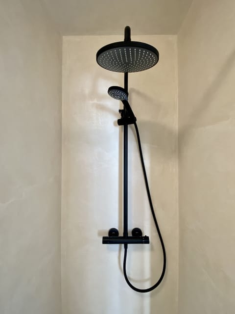 Shower, rainfall showerhead, hair dryer, towels