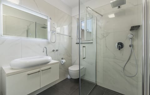 Shower, hair dryer, towels