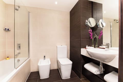 Combined shower/tub, free toiletries, hair dryer, bathrobes