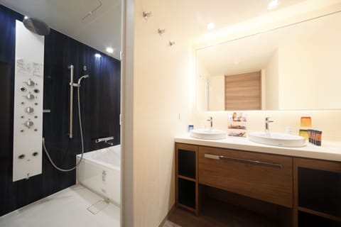 Separate tub and shower, free toiletries, hair dryer, slippers