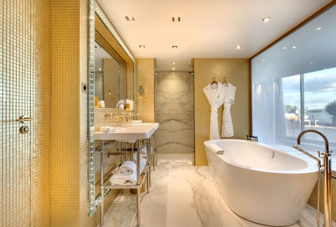 Bowmann Penthouse Suite | Bathroom | Designer toiletries, hair dryer, bathrobes, slippers