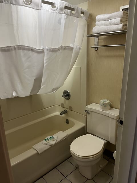 Combined shower/tub, free toiletries, towels