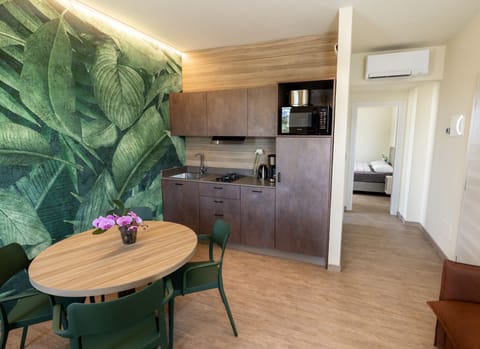 Deluxe Apartment | Private kitchen | Fridge, microwave, stovetop, electric kettle