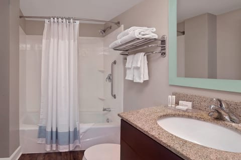 Combined shower/tub, free toiletries, hair dryer, towels