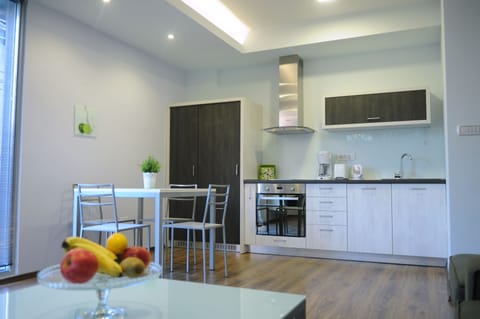 Deluxe Apartment | Private kitchen | Full-size fridge, stovetop, dishwasher, coffee/tea maker