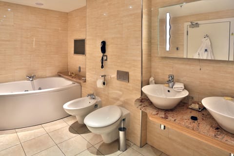 Separate tub and shower, free toiletries, hair dryer, bidet