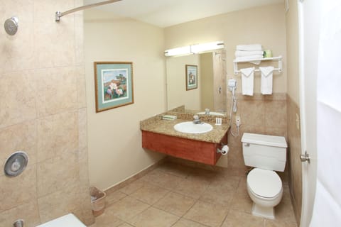 Combined shower/tub, free toiletries, hair dryer, towels