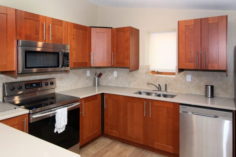 all stainless steel- complete with icemaker, microwave and dishwasher