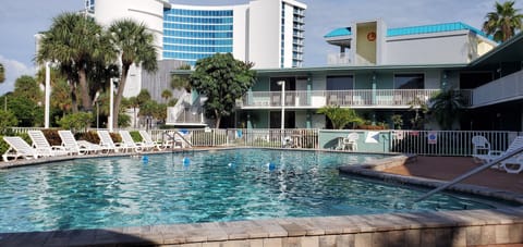 Outdoor pool, pool umbrellas, sun loungers