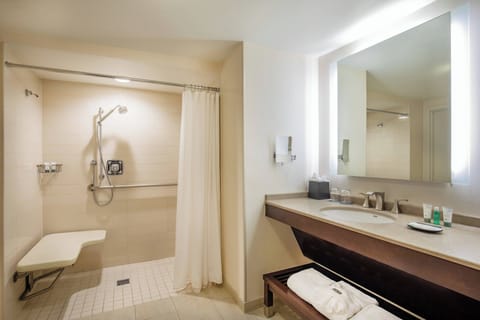 Combined shower/tub, designer toiletries, hair dryer, bathrobes