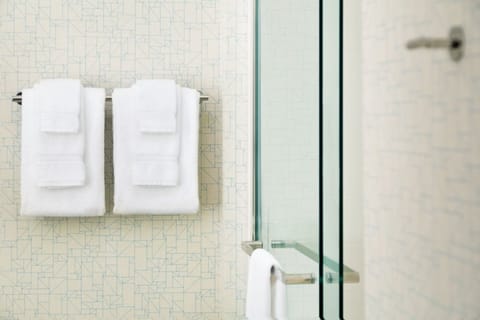 Separate tub and shower, free toiletries, towels