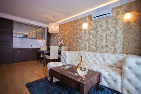 Deluxe Apartment, 1 Bedroom | Living area | 0-inch flat-screen TV with satellite channels, TV