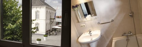 Combined shower/tub, free toiletries, hair dryer, towels