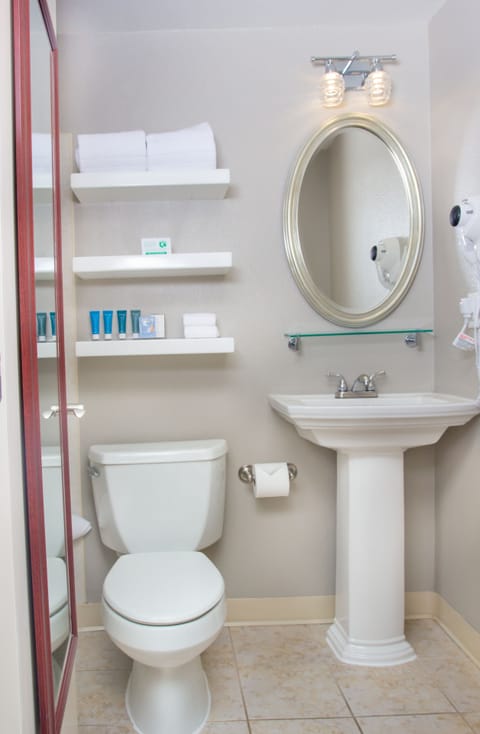 Queen Guestroom | Bathroom | Eco-friendly toiletries, hair dryer, towels