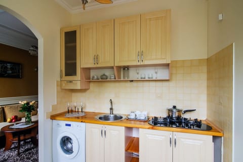 Basic Apartment, 1 Bedroom (Leningradskaya 3) | Private kitchen | Full-size fridge, microwave, oven, stovetop