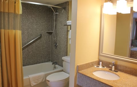 Combined shower/tub, hair dryer, towels