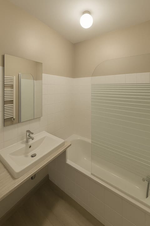 Shower, hydromassage showerhead, free toiletries, hair dryer